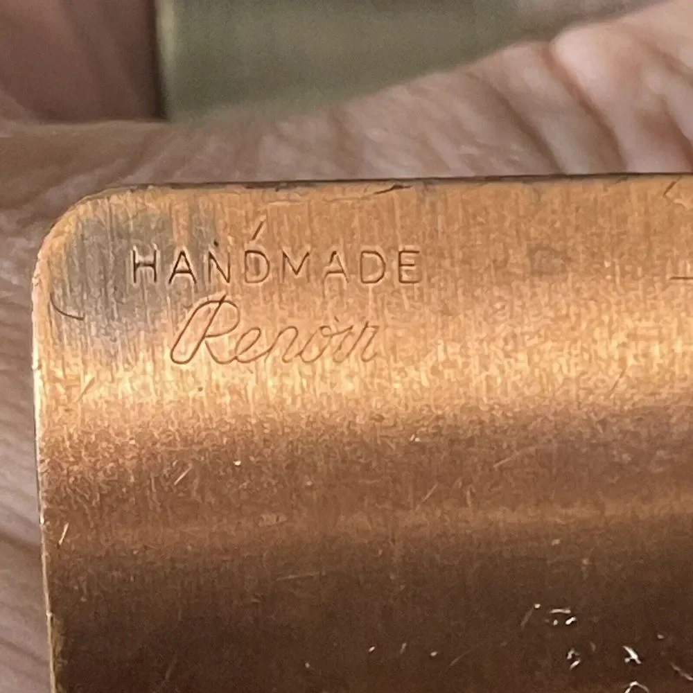 Signed Handmade Renoir 1950s Modernist Scroll Motif Copper Cuff Bracelet Runway